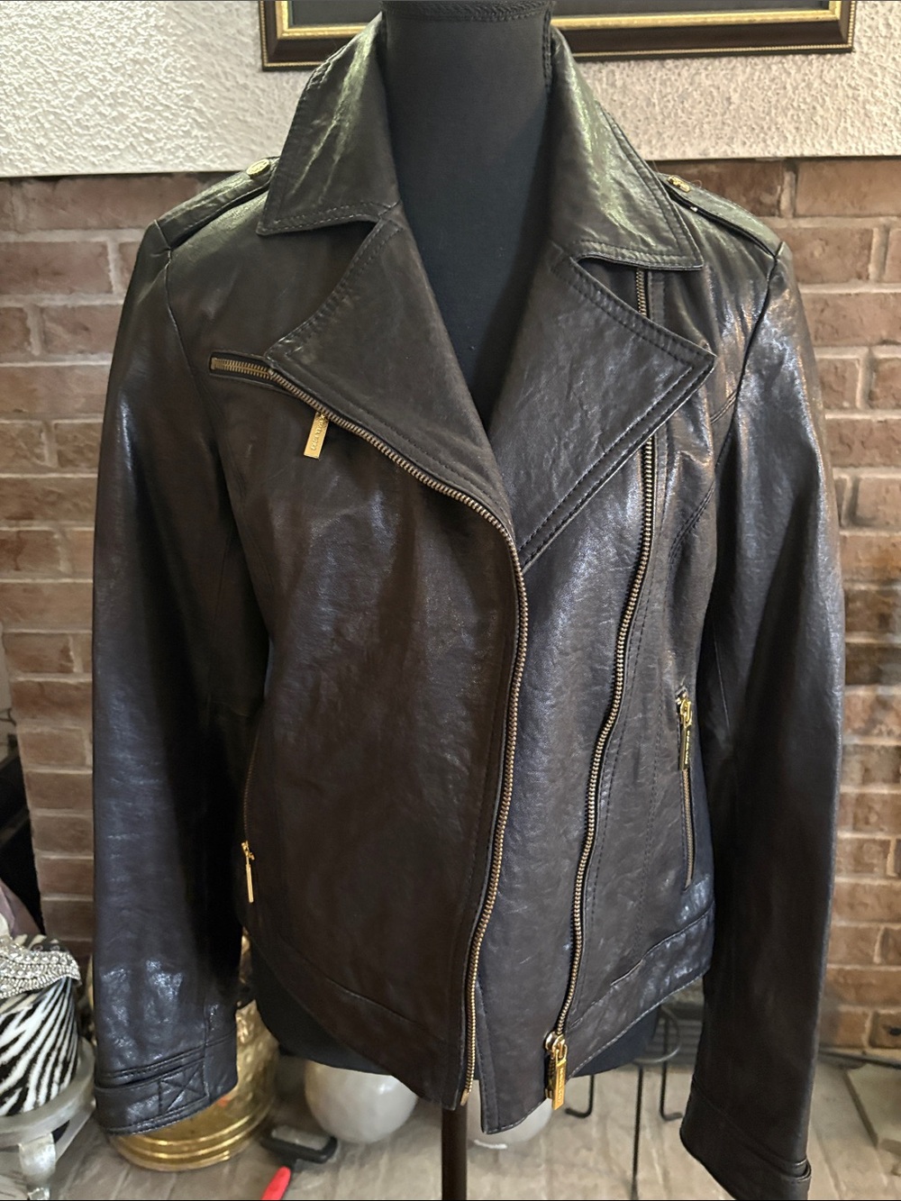 Michael Kors Black Leather Moto Jacket with Gold Hardware